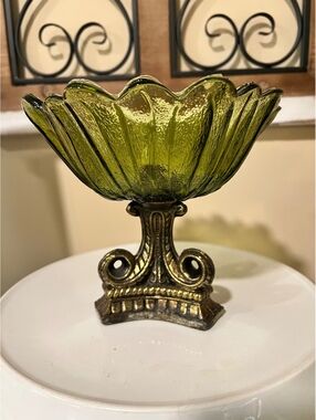 Vintage Olive green glass Scalloped bowel detachable Antique brass base 6” L